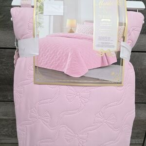 Pink Bow Croissant Embrossed KING 7 piece Quilt Set